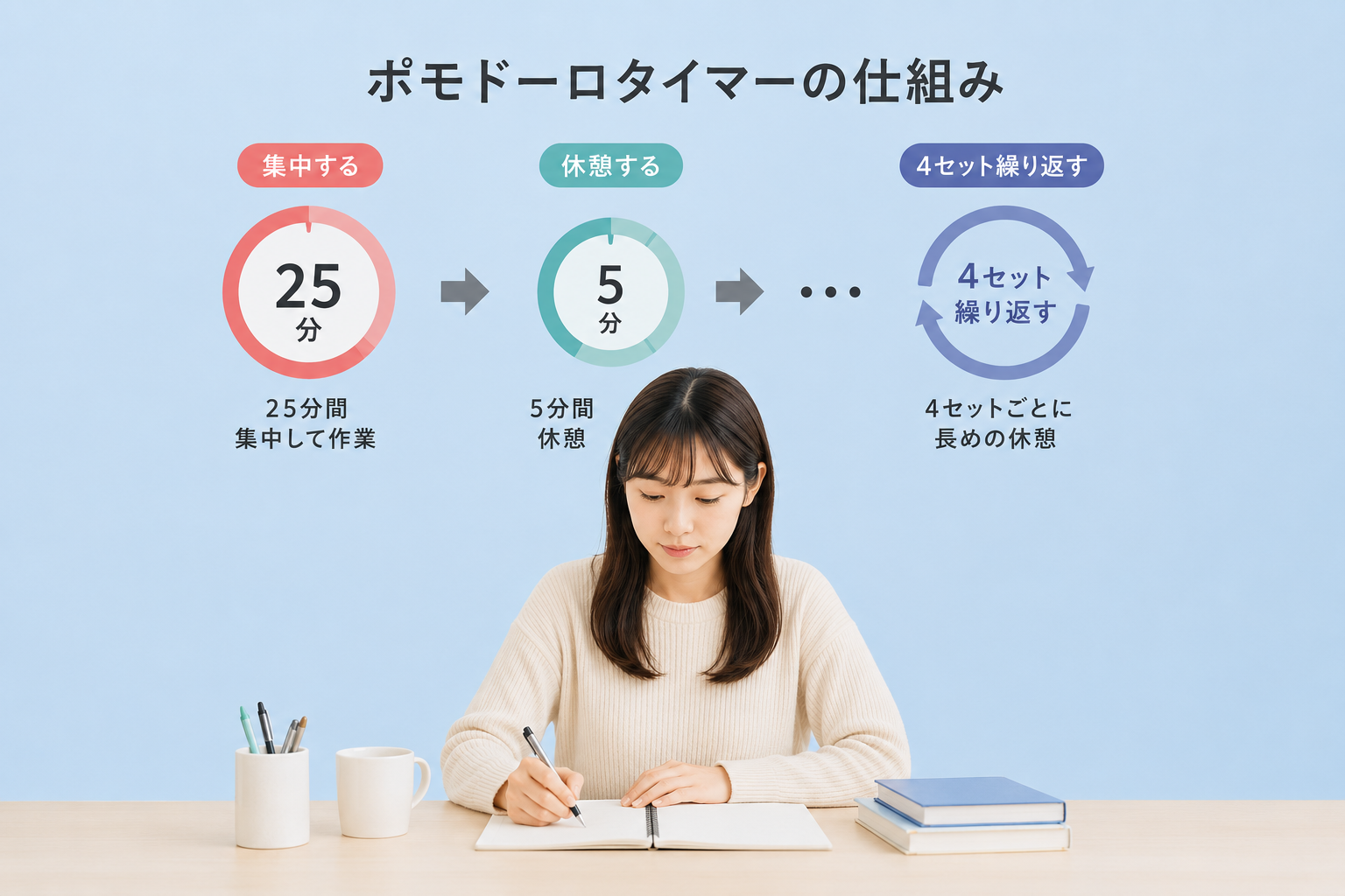 集中して作業する人とポモドーロタイマーのイメージ